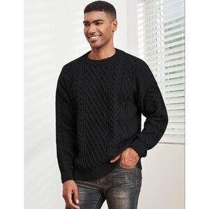❤️ Men's Black Polyester Cable Knitted Twist Patterned Pullover Sweater